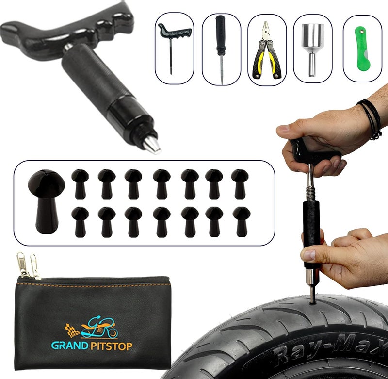 GrandPitstop طقم إصلاح ثقوب الإطارات 22 قطعة مع كماشة قابلة للطي متعددة الوظائف متوافقة مع السيارة والدراجة النارية والشاحنة وARB وATV والجرار وRV وSUV والمقطورة (15 سدادة فطر)  - Image 1